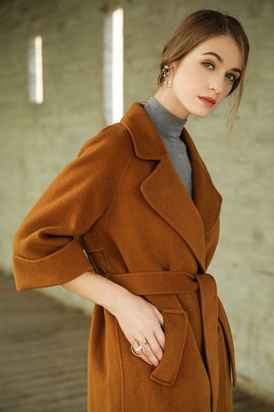 2021 new wool blend women turn-down collar double breasted bow tie waist half sleeve elegant fashion style female coat 5mnq, Black